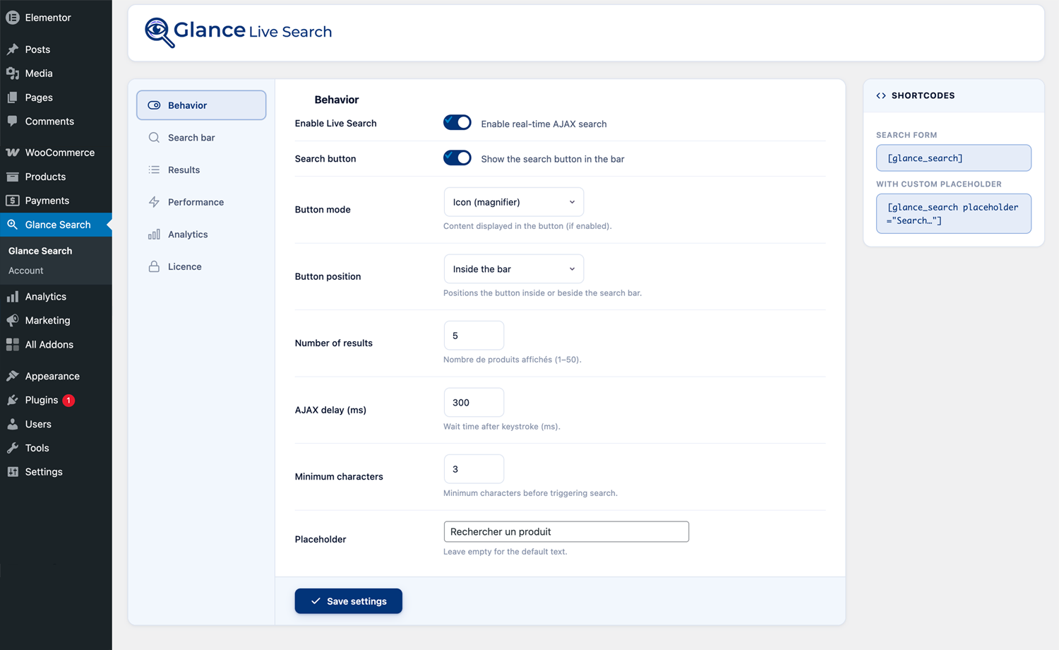 Admin settings — Behavior tab