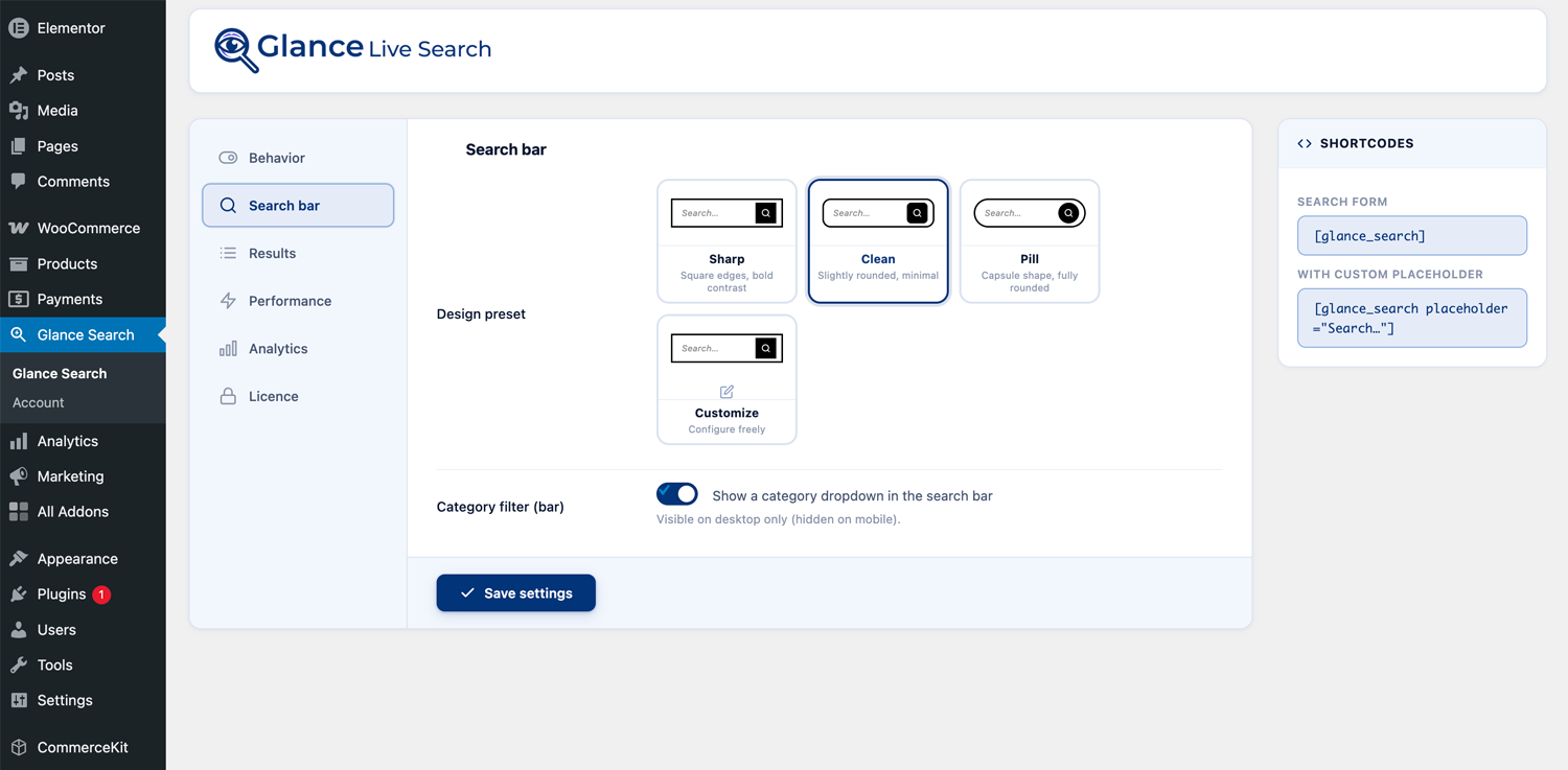 Admin settings — Search Bar design tab