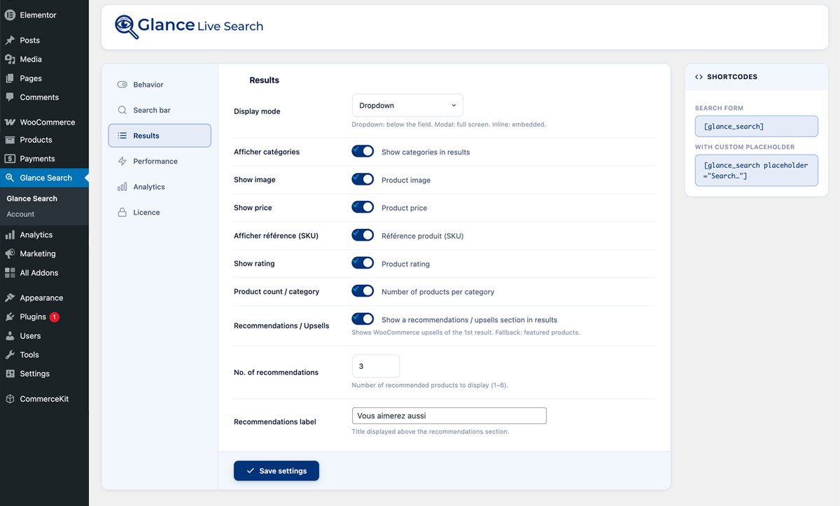 Admin settings — Analytics dashboard