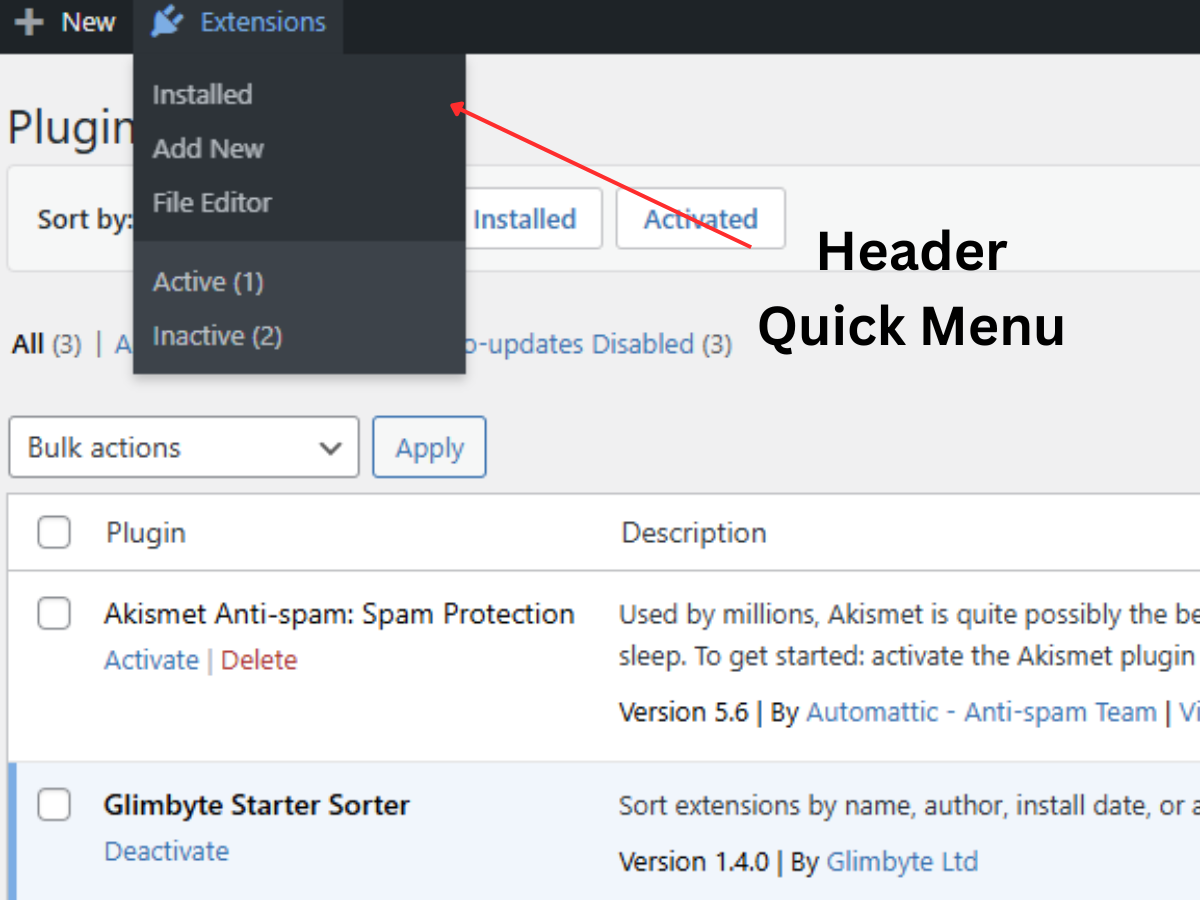 Extensions dropdown expanded on an admin page showing Installed, Add New, File Editor, Active, Inactive, and Update Available links.