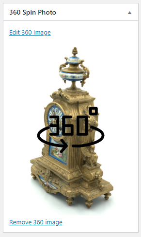 This is how the 360 image block looks on woocommerce admin area after adding a Glo3D url.