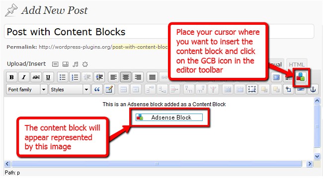 Inserting a Content Block using the toolbar button