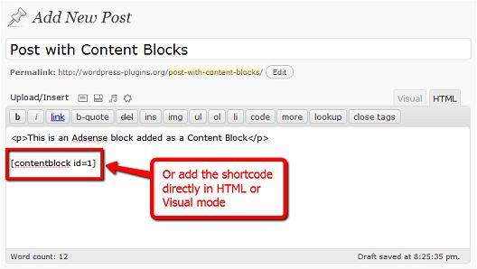 Inserting a Content Block using the shortcode