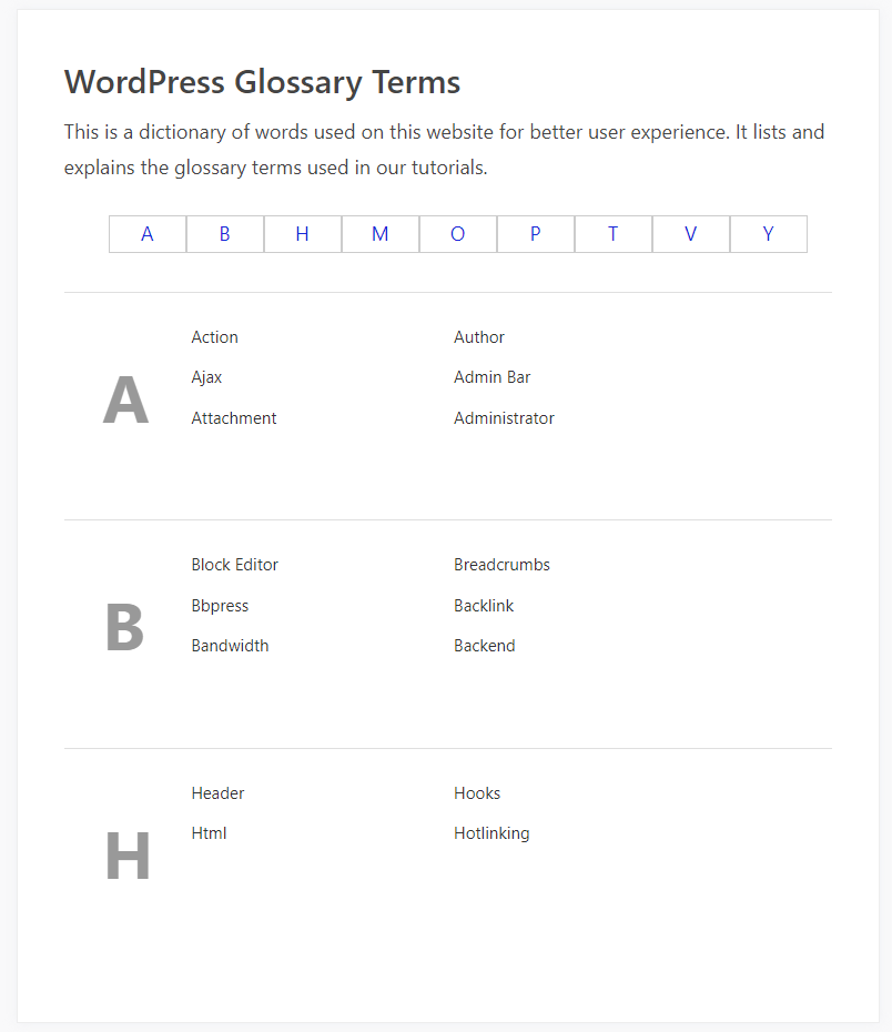 Glossary List Page
