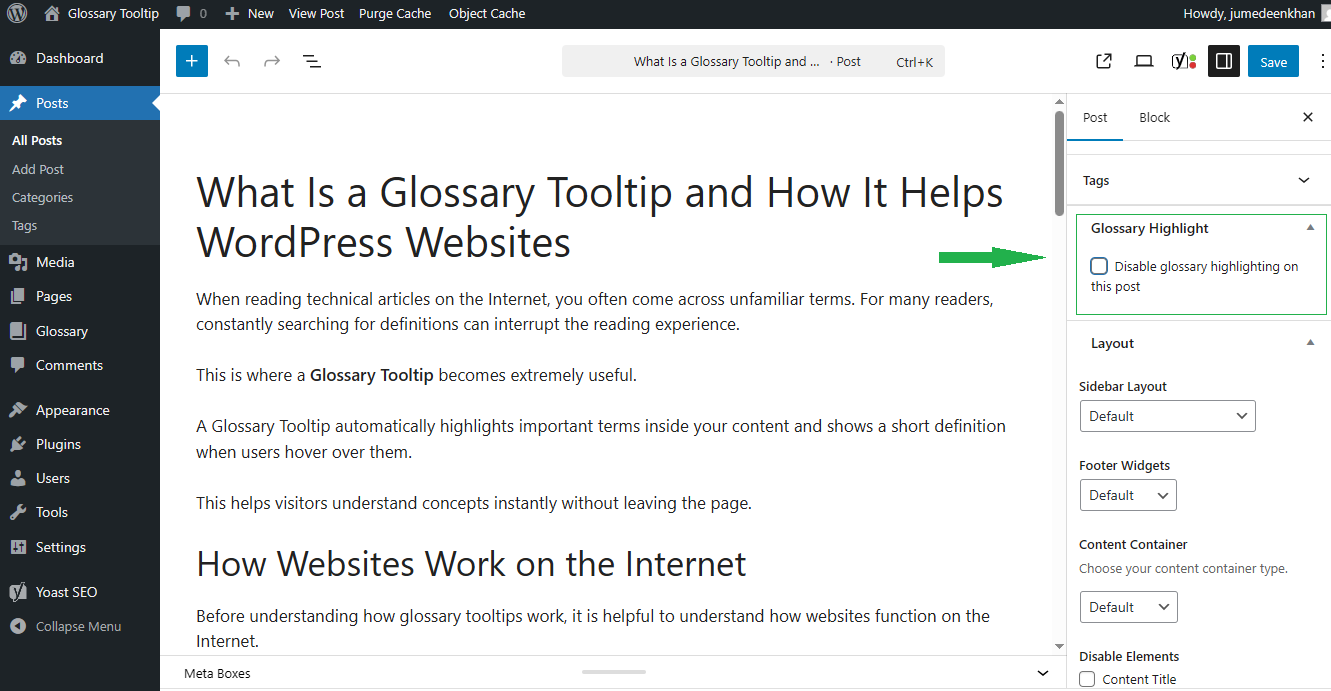 Glossary Highlight Setting