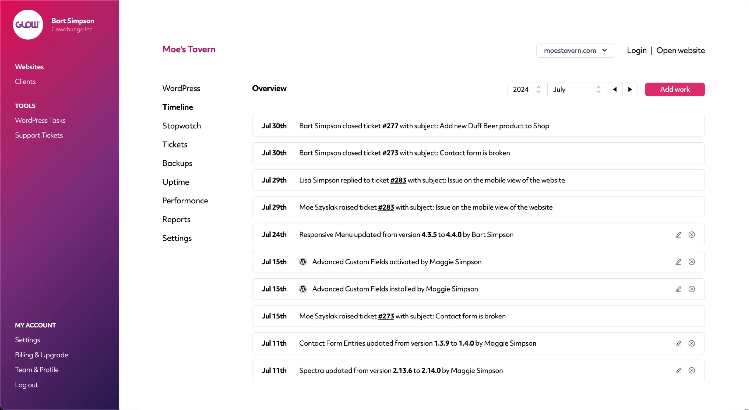 Centralized timeline to track all site activities and changes