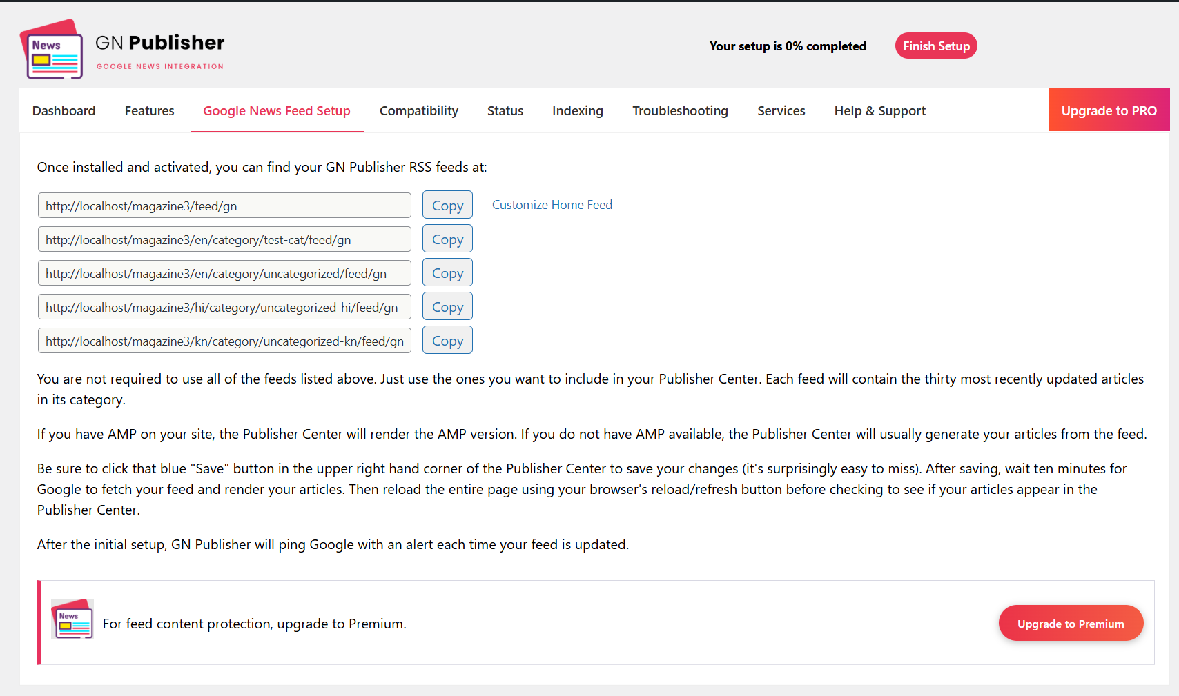 Google news feed setup which shows the sample gn feed urls