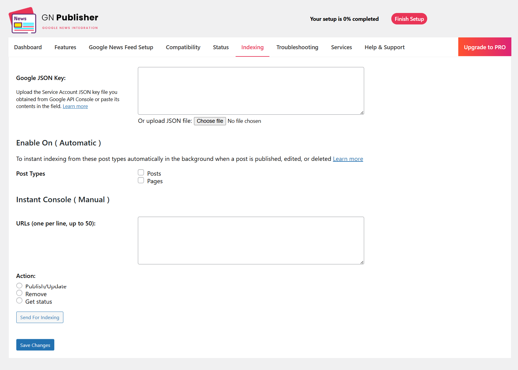 Indexing settings page
