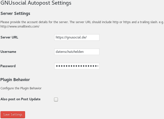 GNUsocial Autopost settings page