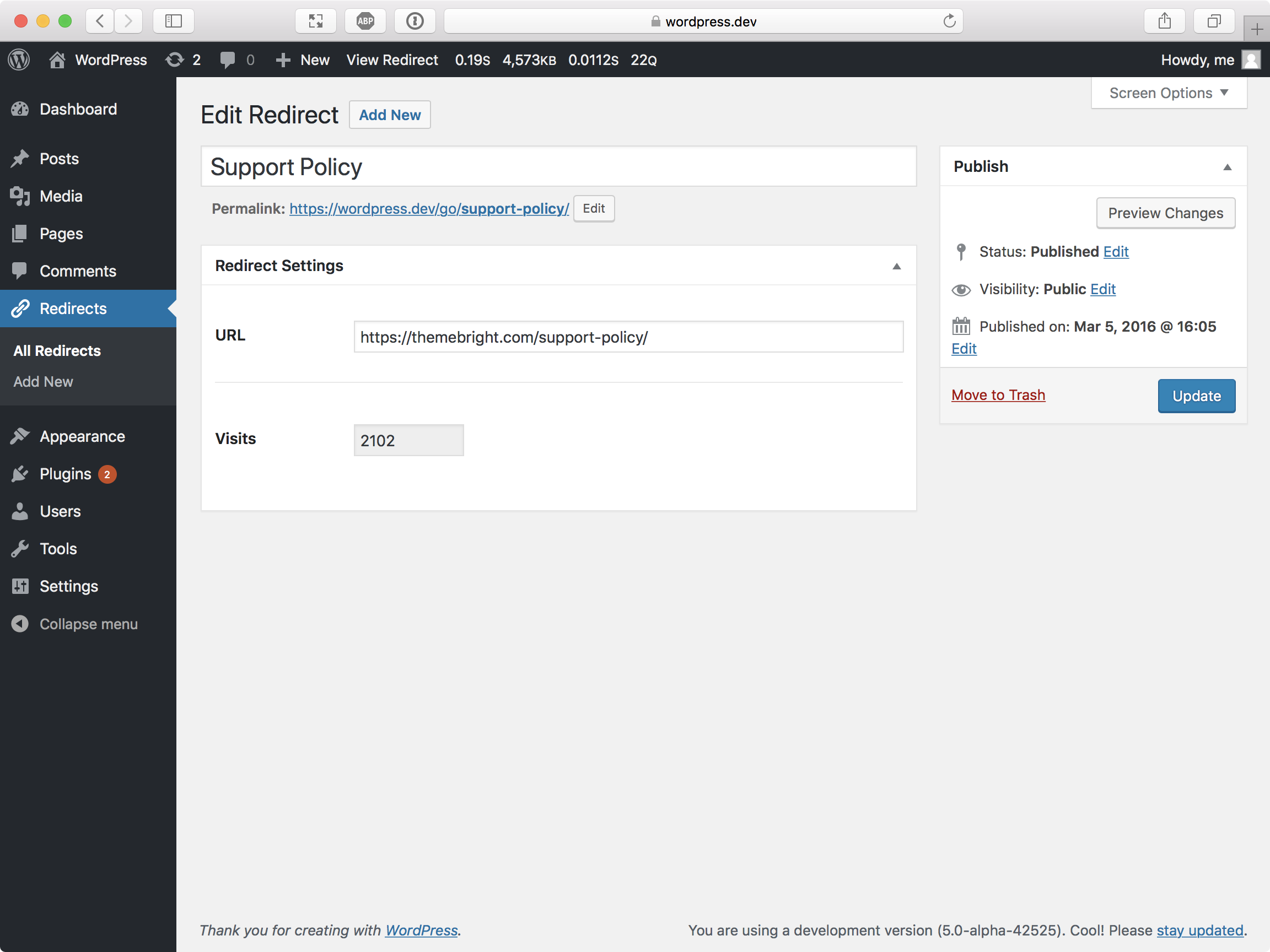The redirect edit screen.