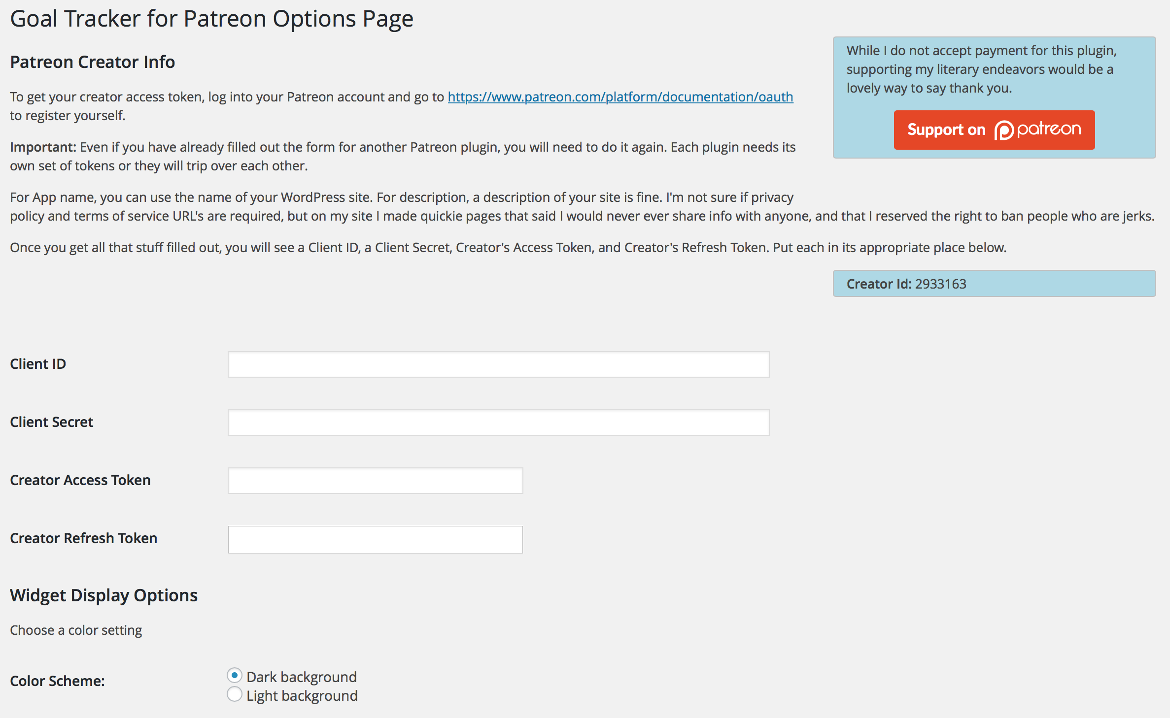 The Options page, part 1: The patreon connection stuff. Once you get this set up, you can ignore it forever.