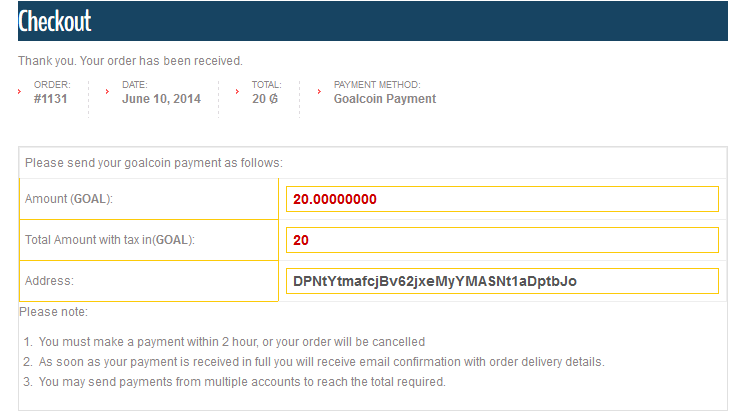 Order received screen, Goalcoin address and payment amount.