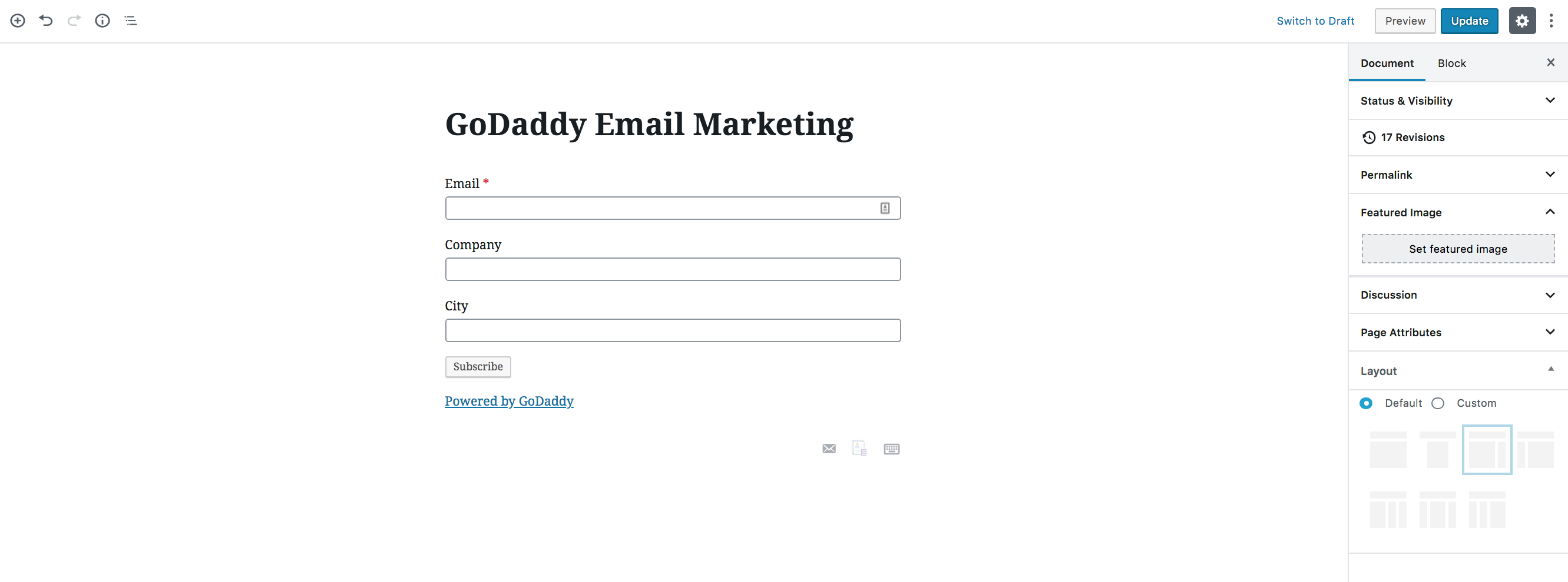 GoDaddy Email Marketing widget preview, in the block editor.