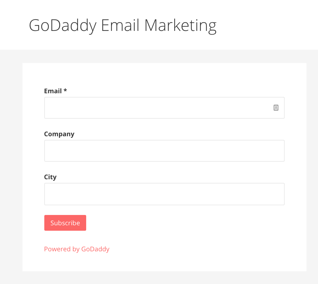 GoDaddy Email Marketing widget, on the block front-end.