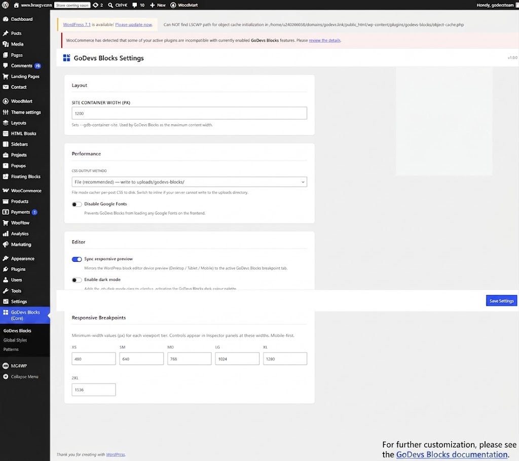 The GoDevs Blocks Settings admin panel showing layout, performance (CSS output method), and editor preferences.
