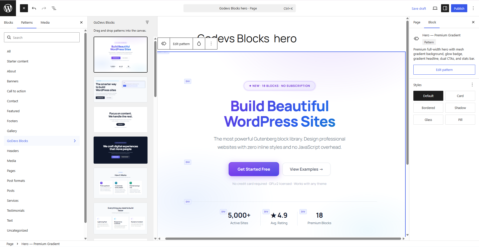 Frontend rendering of a hero section built with GoDevs Blocks Group and Heading blocks — gradient background, badge, and CTA buttons.