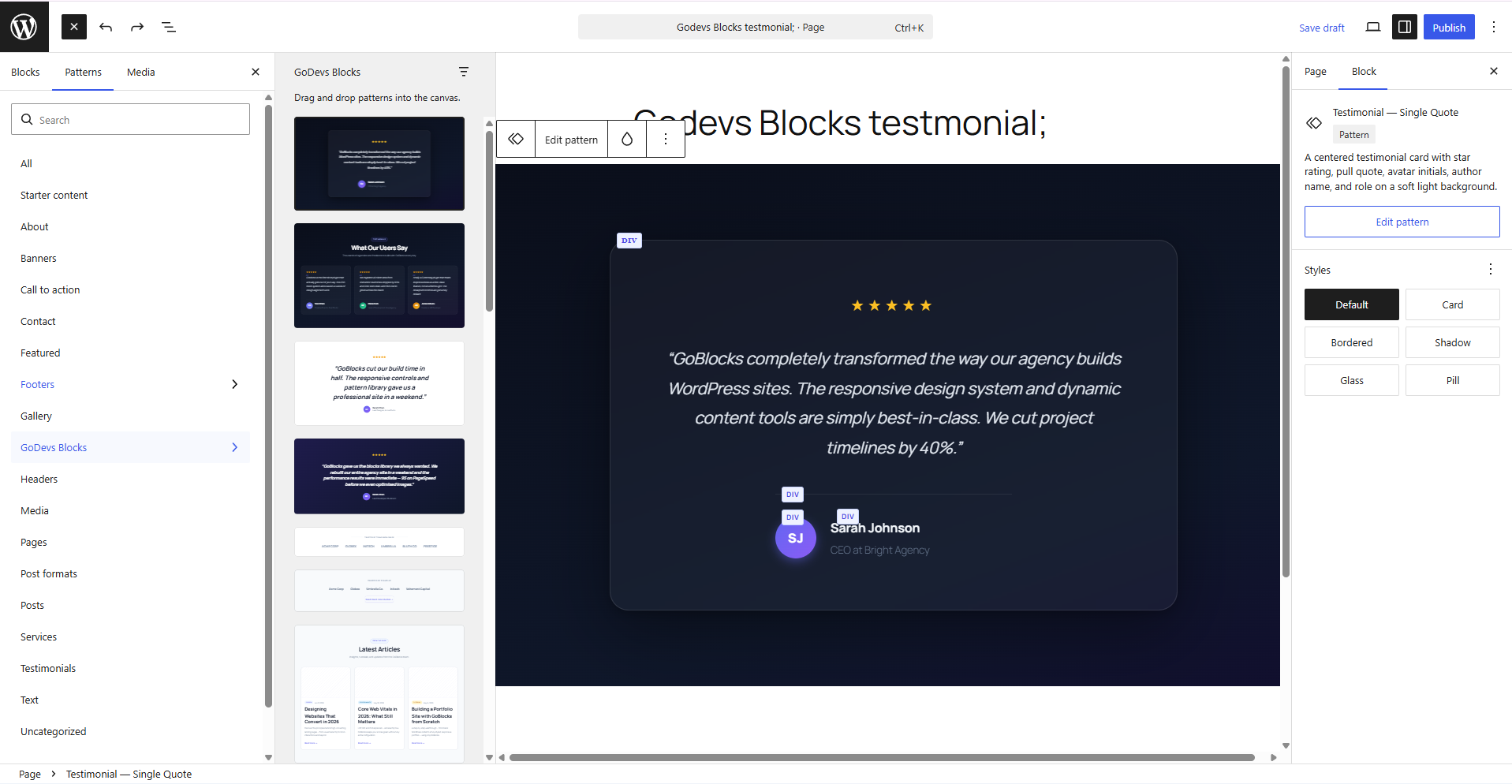 The GoDevs Blocks All Patterns Showcase frontend page displaying the full pattern collection.