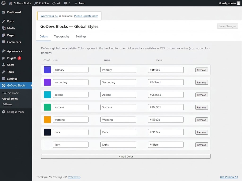 The GoDevs Blocks Global Styles admin panel showing the color palette editor with CSS custom property tokens.