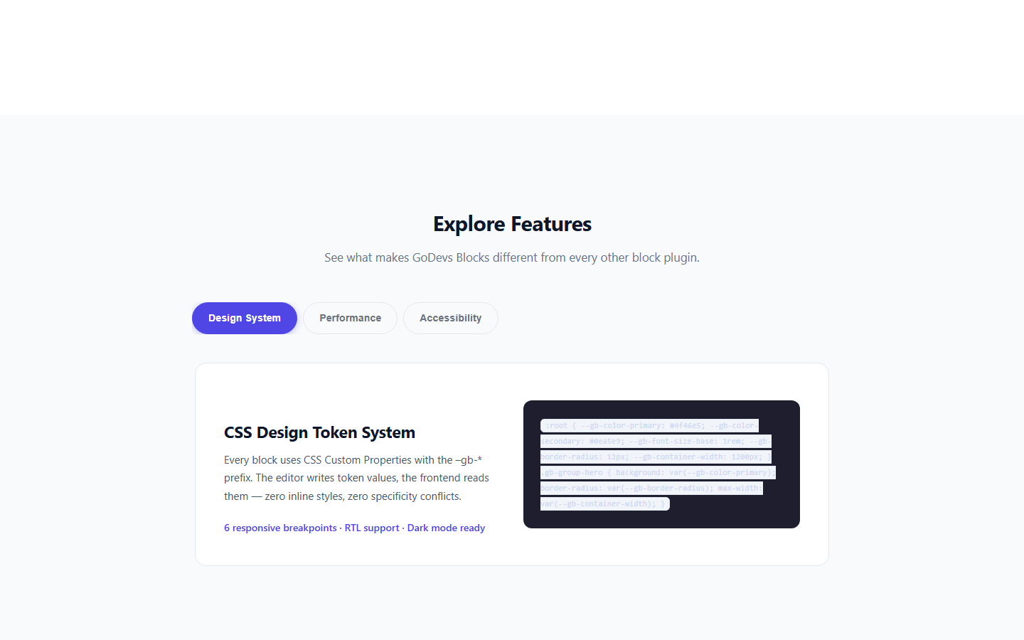 The GoDevs Blocks Tabs block on the frontend — ARIA-compliant tabbed panels with keyboard navigation.