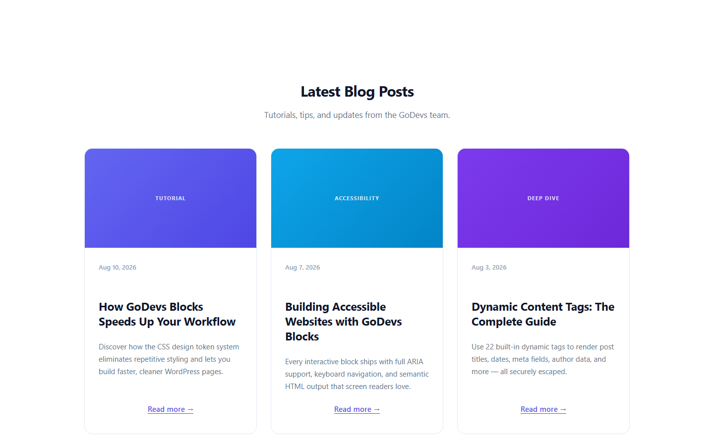 The GoDevs Blocks Query block rendering a responsive 3-column blog post grid with title, date, and pagination.