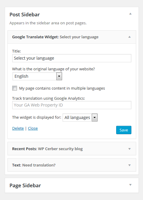 Google Translate Widget on the Widgets page in dashboard.