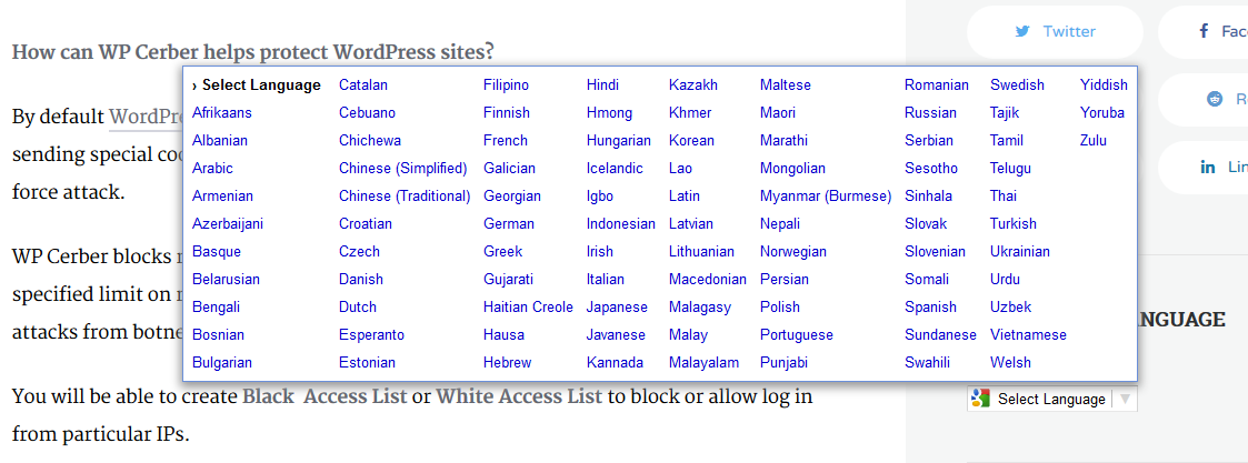 Google Translate Widget on the public page of website.