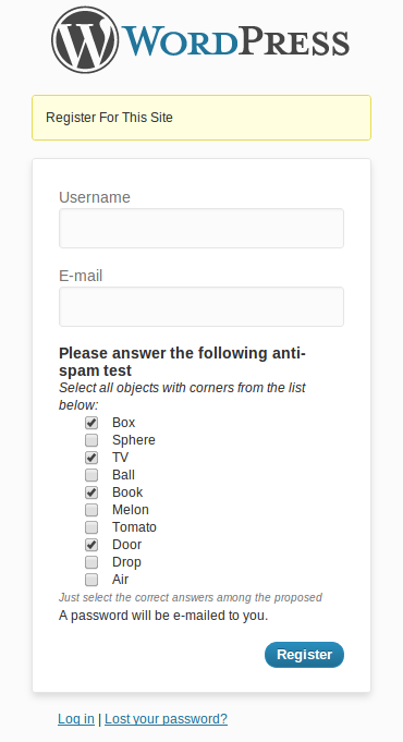Question block on the standard registration form.