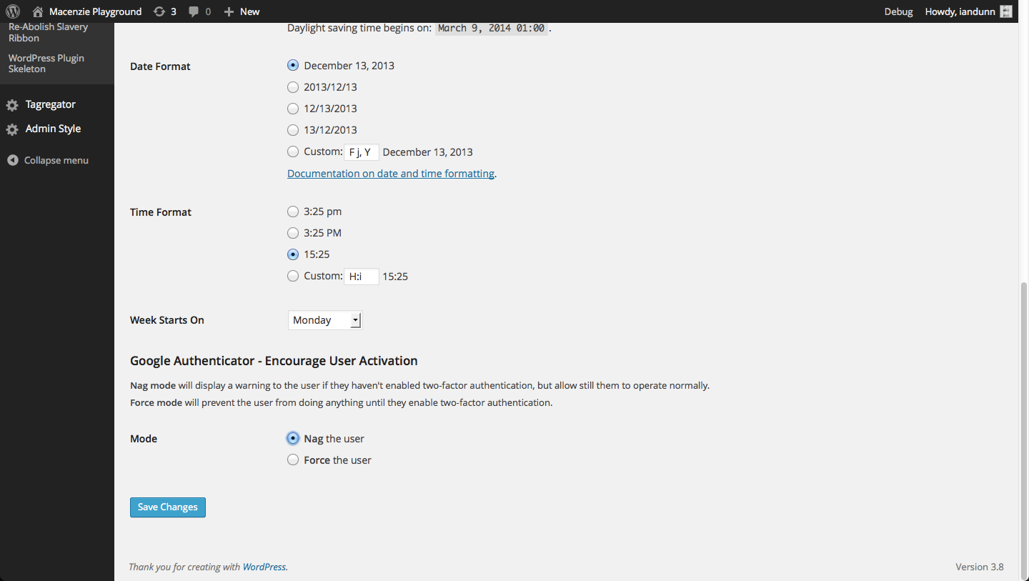 The configuration options on the General Settings page.