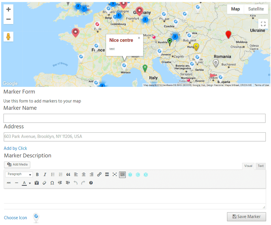 Easy Google Maps WordPress plugin admin area. Create markers with a description, links, images and galleries, videos and more.