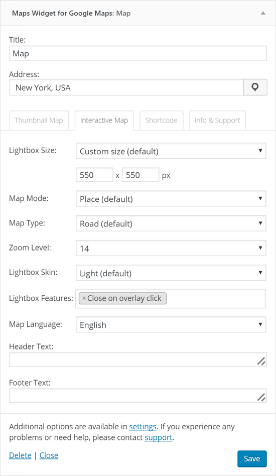 Widget options - Interactive map