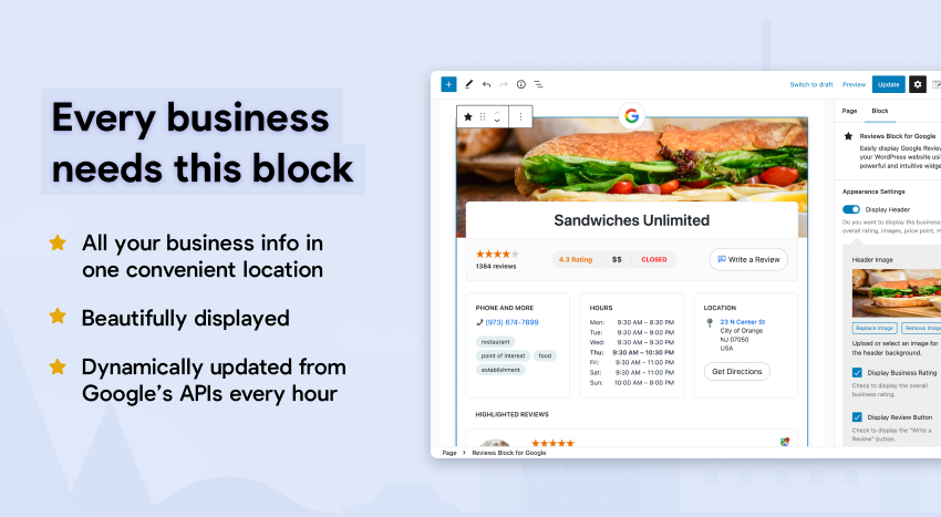 This block is good for displaying information about and reviews for any location on Google.