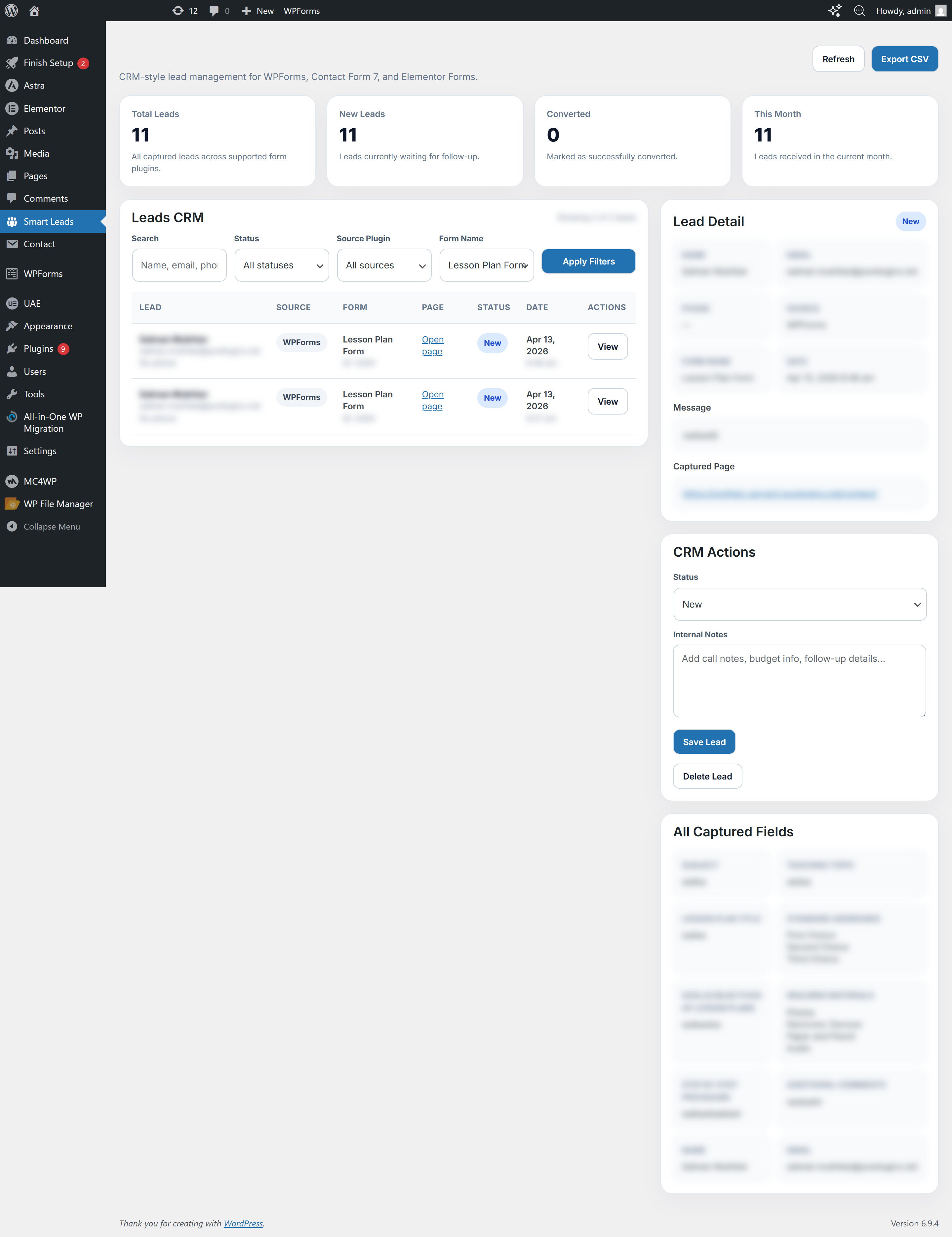 Lead detail view with dynamic fields