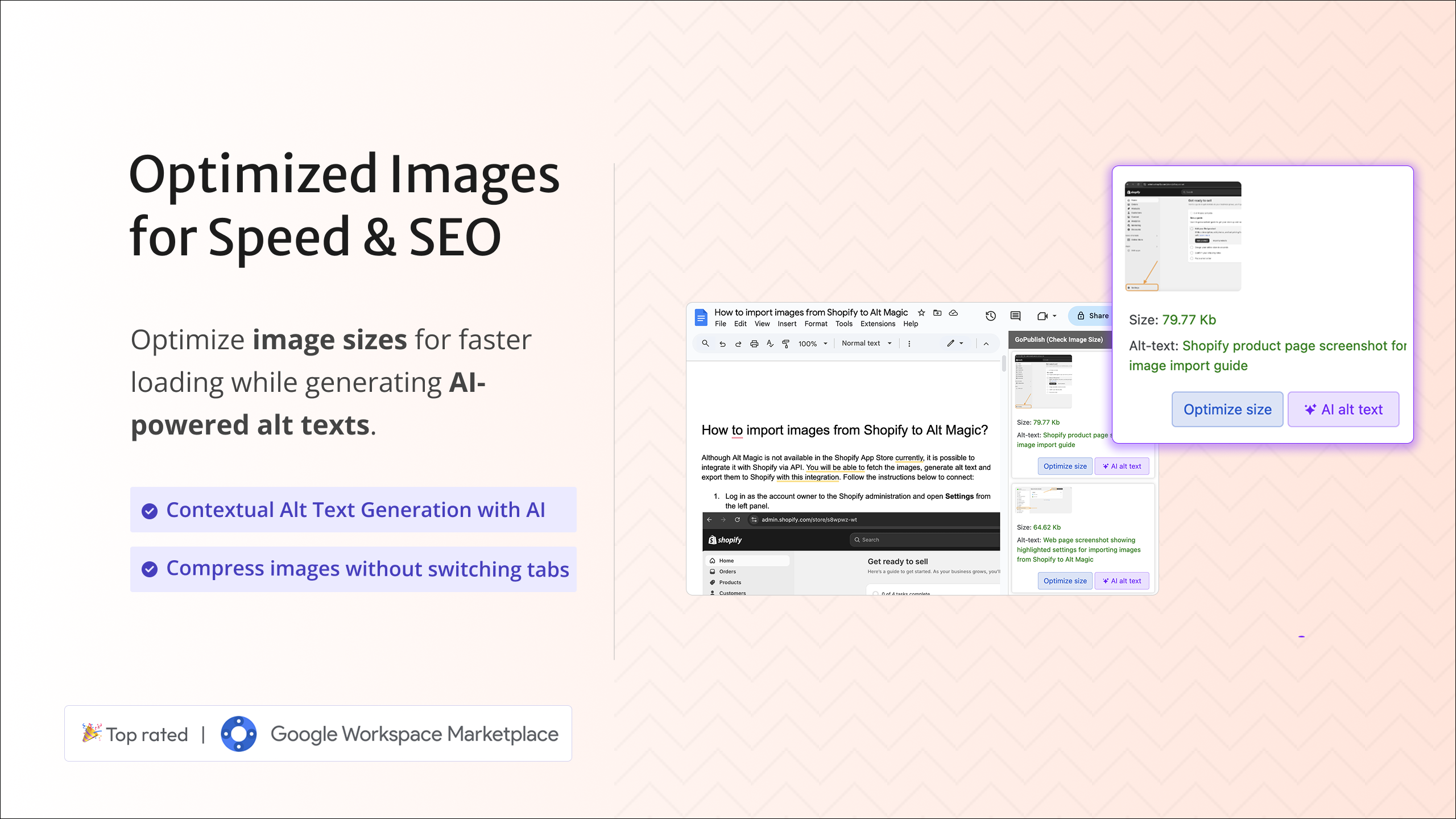 Optimize image sizes for faster loading while generating Al-powered alt texts.