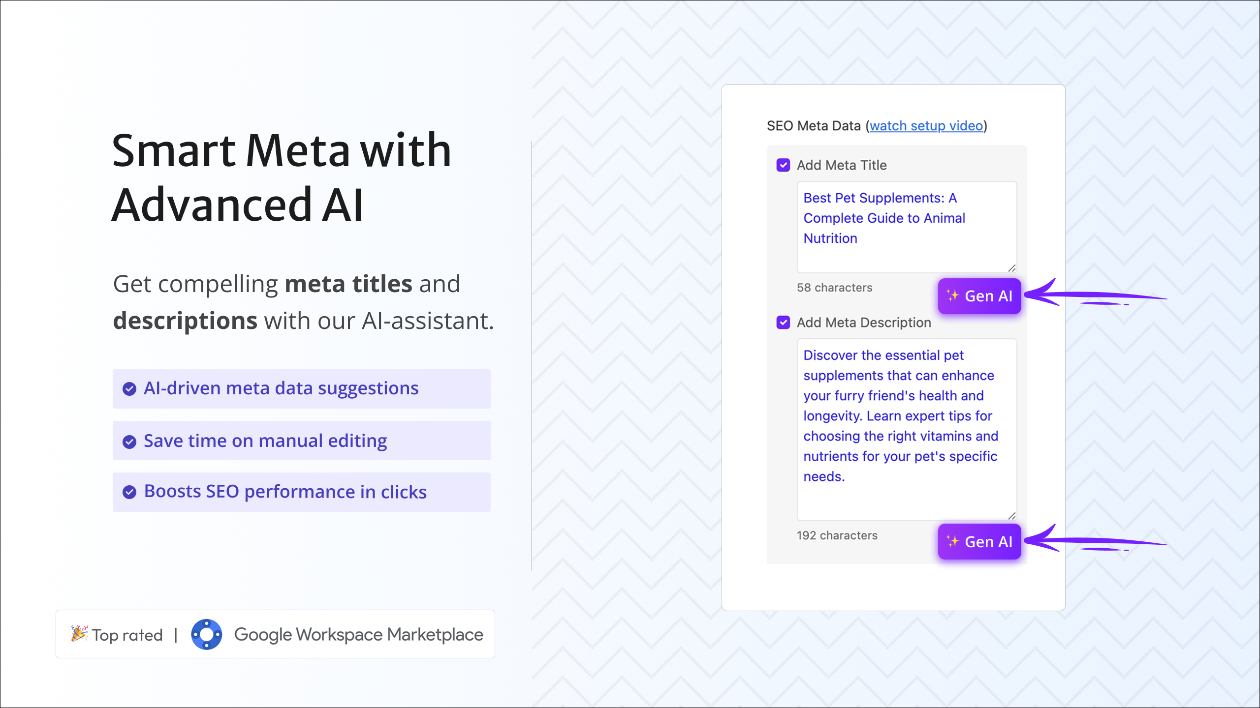 Get SEO optimised meta titles and descriptions with our Al-assistant.