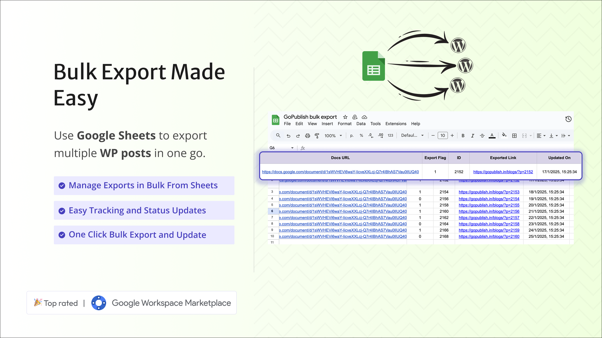Use Google Sheets to export multiple Google Docs™ to WordPress posts in one click.