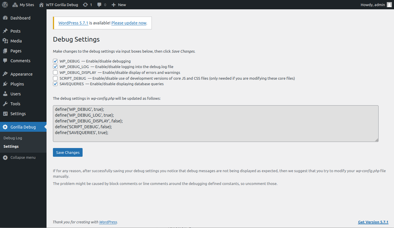 The settings page for the Gorilla Debug plugin