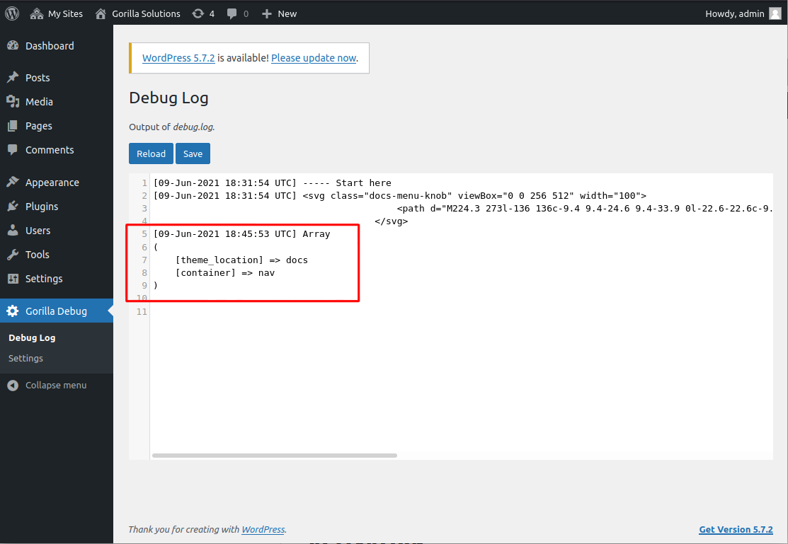 The output of the `gorilla_debug()` function call into `debug.log`