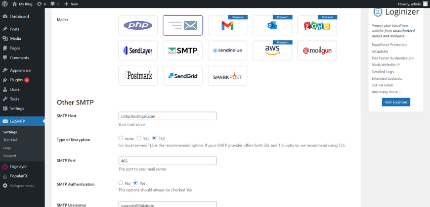 **Settings** has all options to set your SMTP / Email provider.