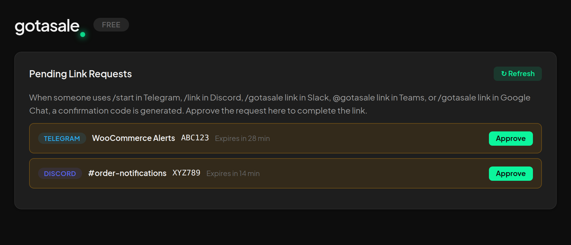 Pending link requests — approve Telegram, Discord, and Slack connections