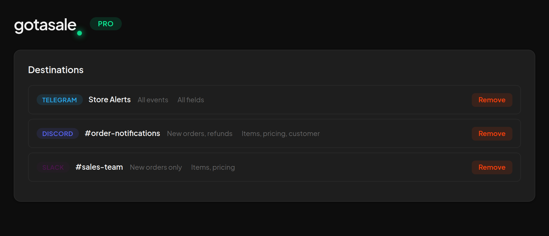 Destinations — manage linked channels with event and field summaries