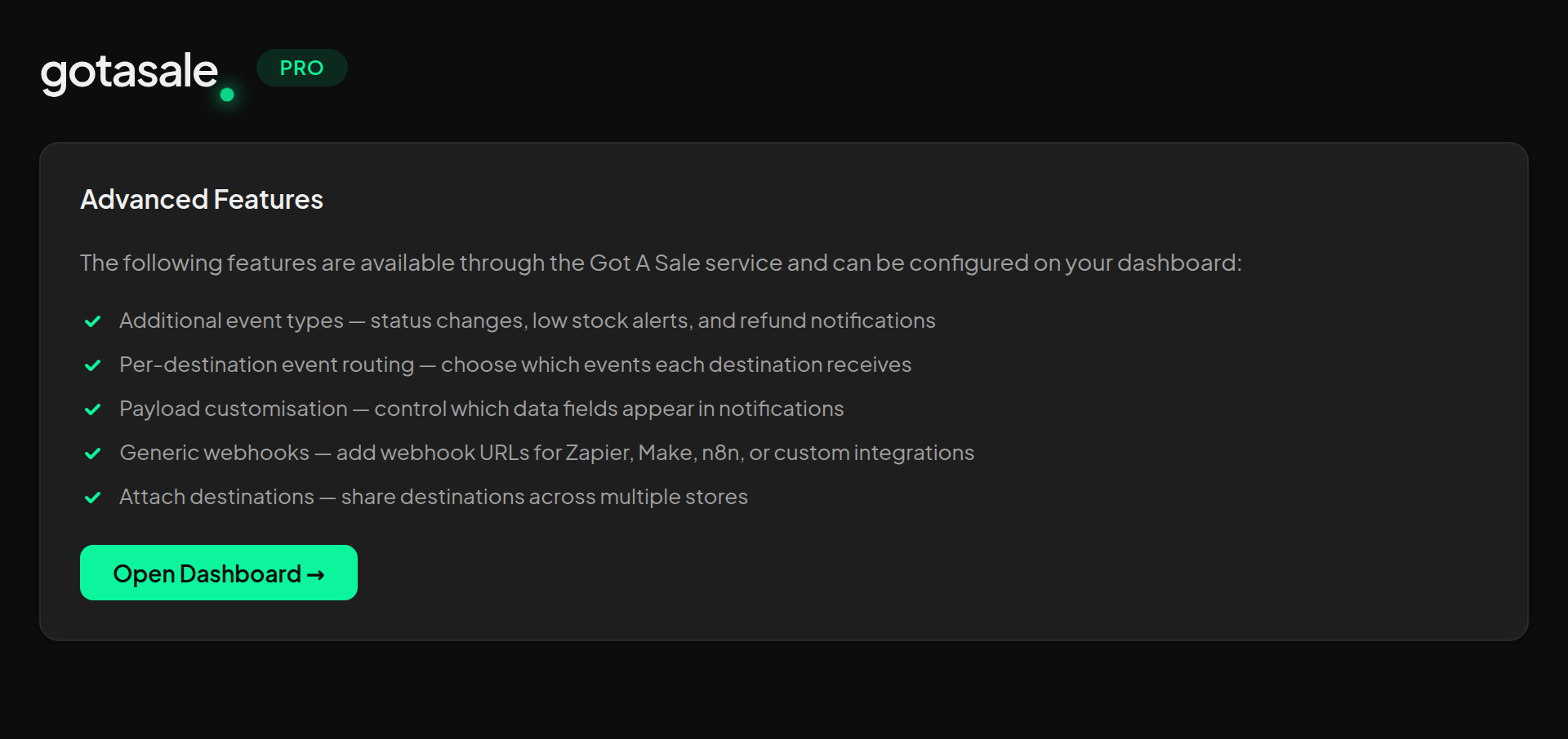 Advanced Features — info section with link to the Got A Sale dashboard for service configuration