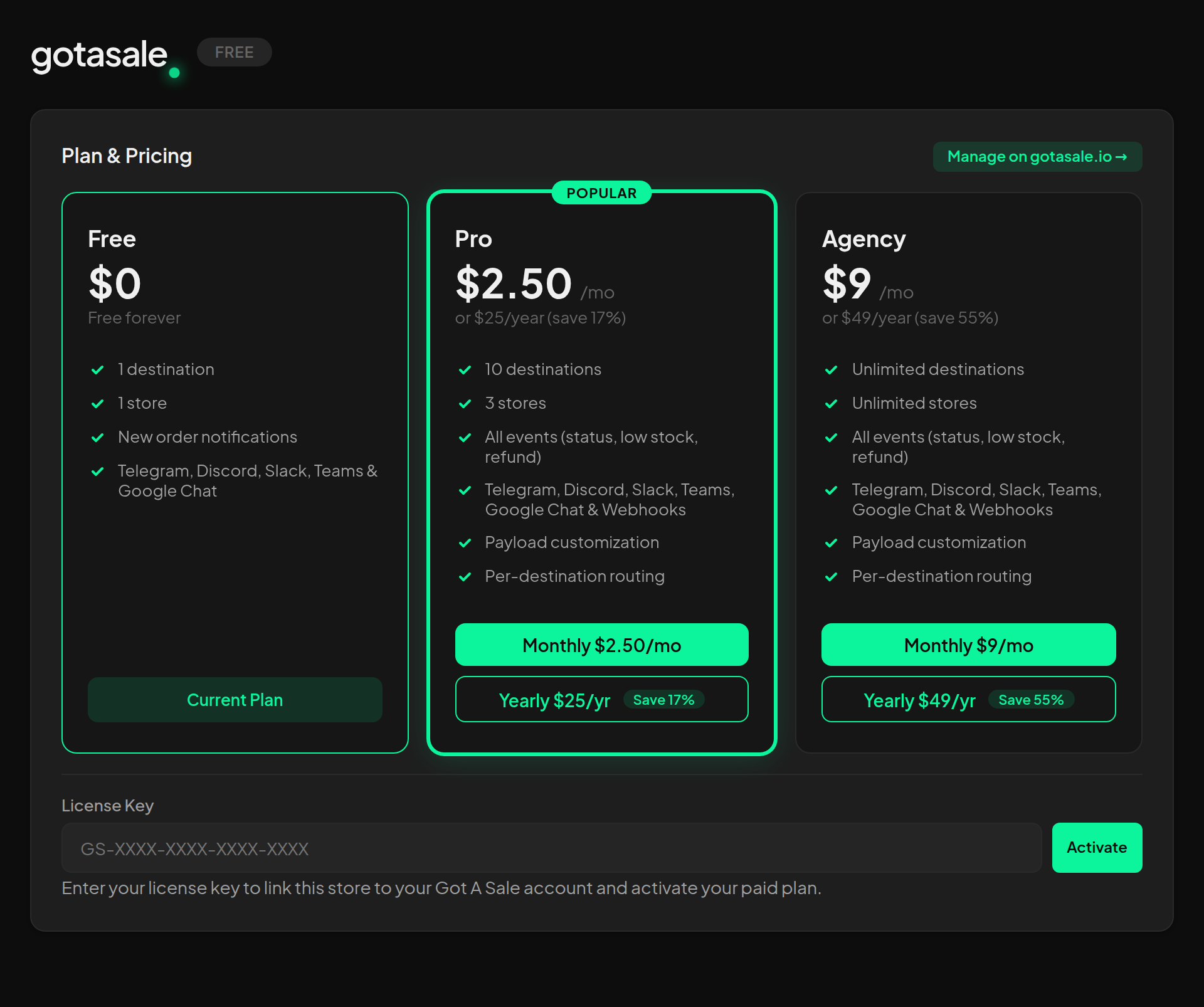 Plan & Pricing — view current plan and upgrade options