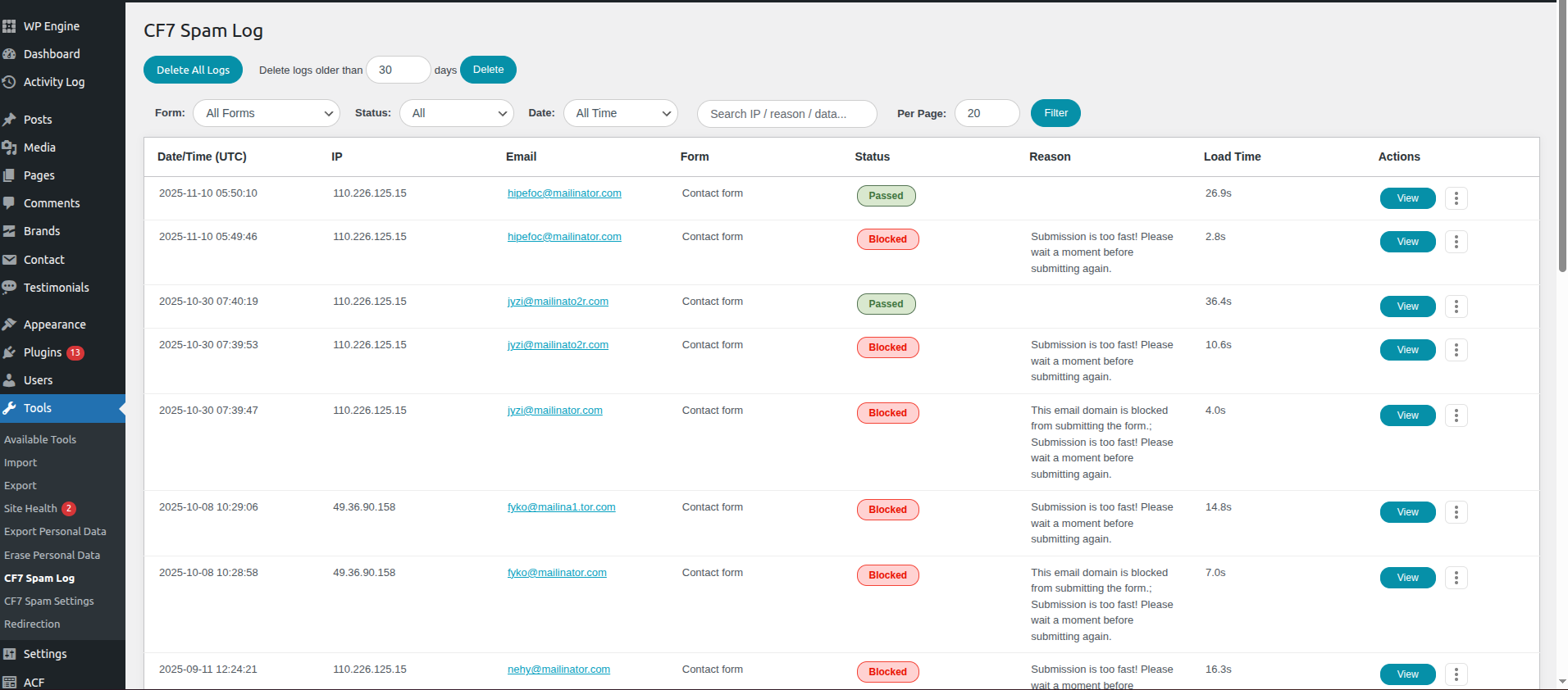 Submission logs dashboard with fingerprint, IP, and spam reason.