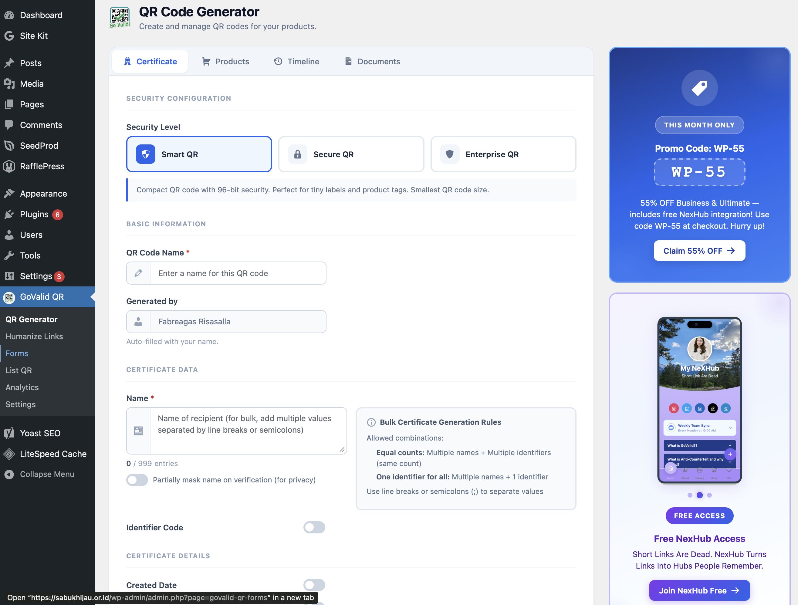 QR Code Generator — create QR codes from the admin