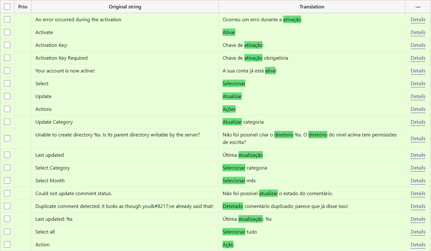 Variant translation table only with green automatically converted strings, with highlighted conversion diffs