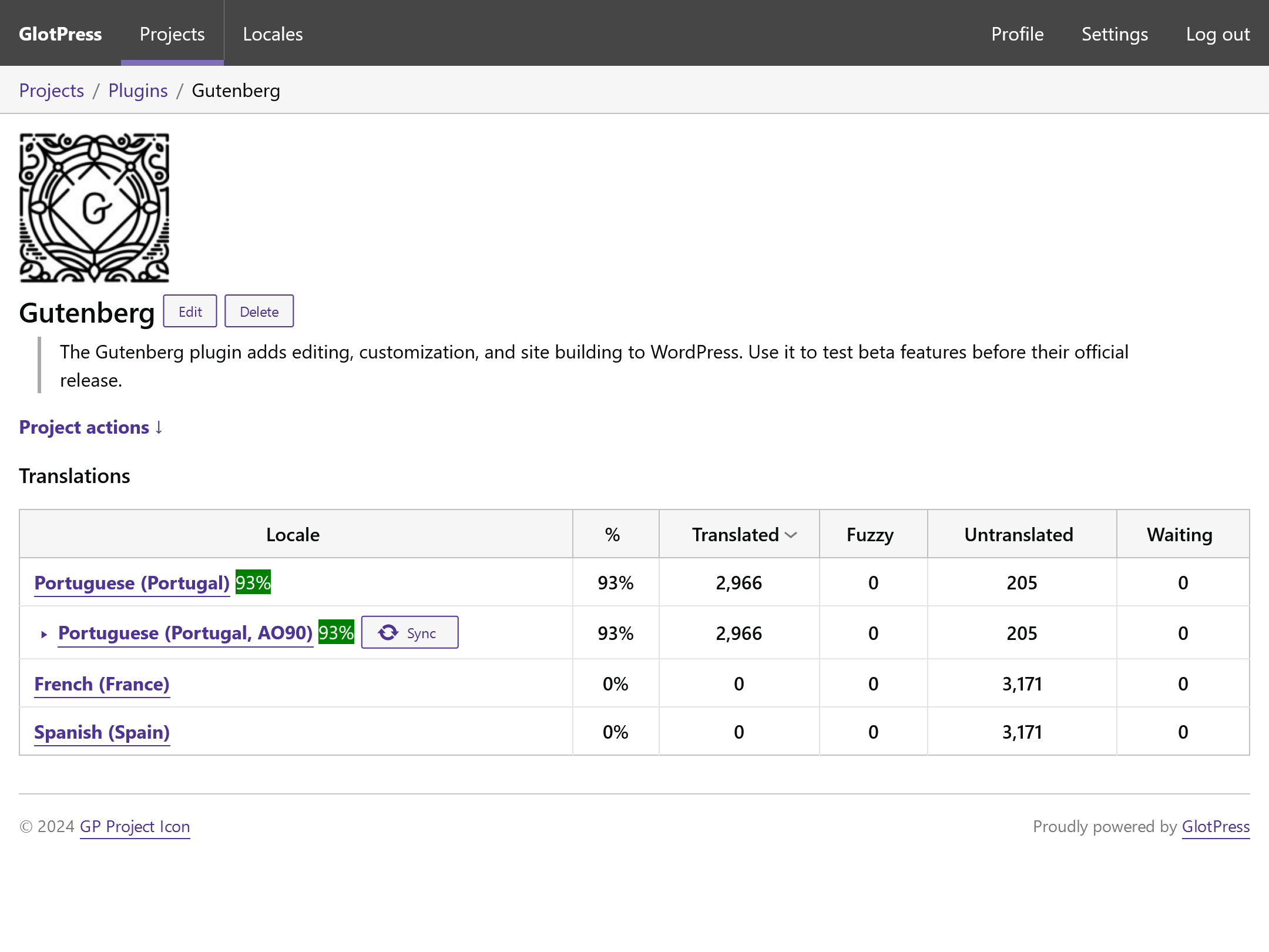 Project page with header icon and translation sets