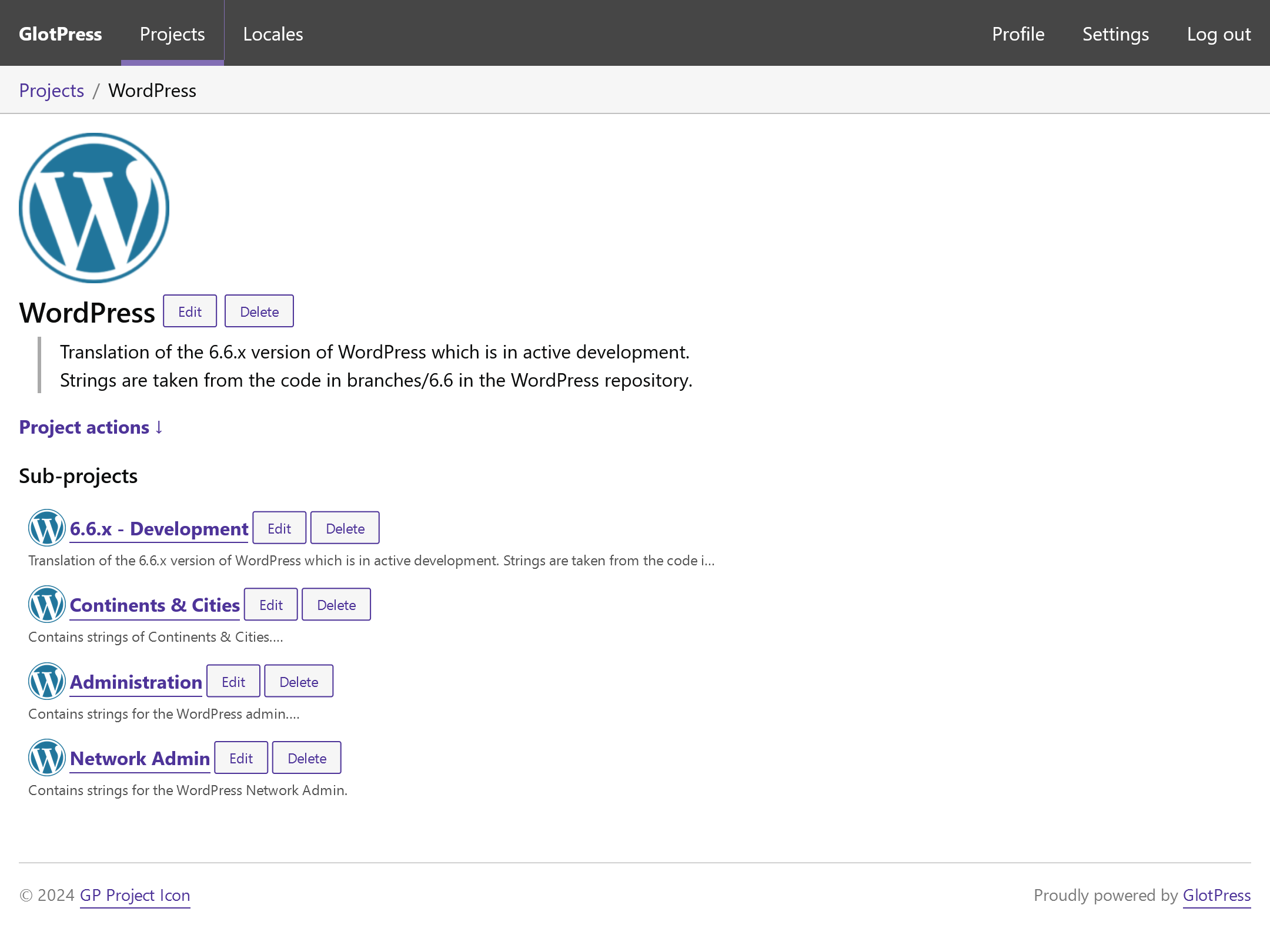 Project page with header icon and sub-project icons