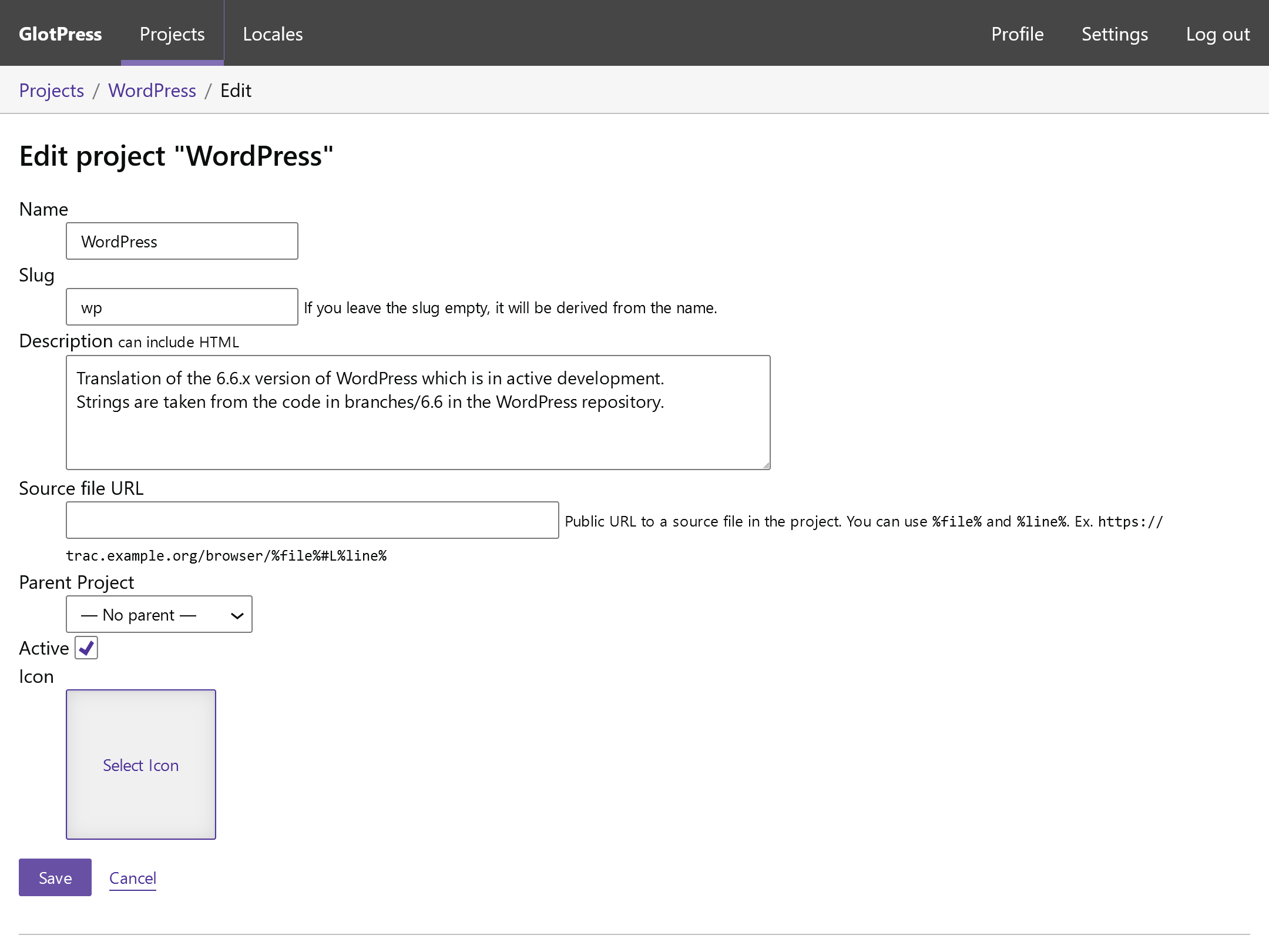 Project edit/new form with no icon selected