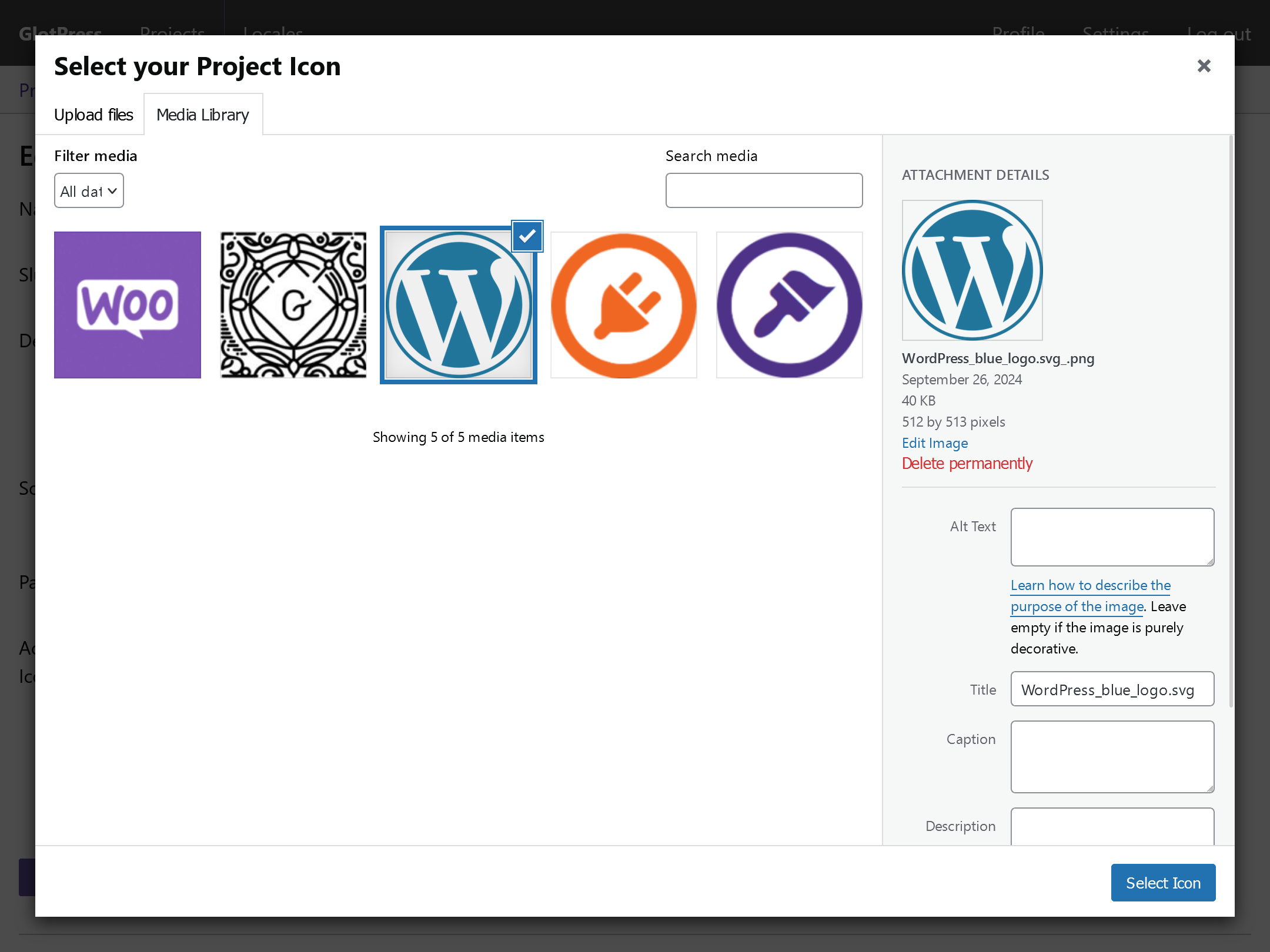 Project edit/new form selecting an icon from the media library