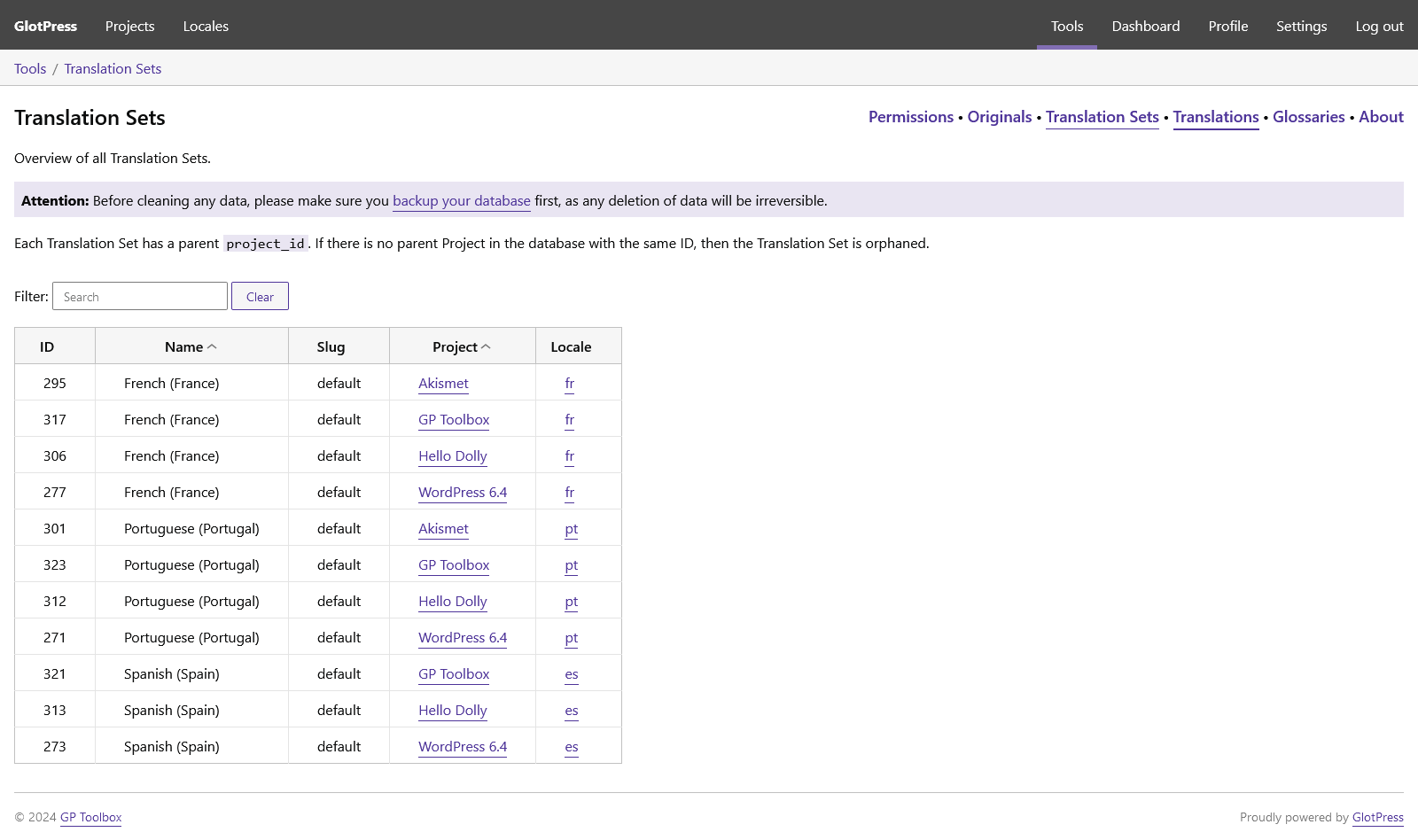 Tools > Translation Sets